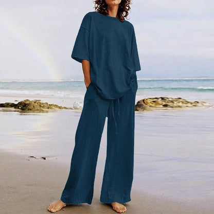 Cotton And Linen Home Solid Color Two-piece Suit