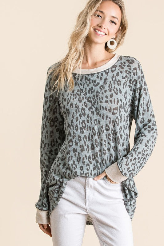 BiBi Leopard Hacci Round Neck Long Sleeve T-Shirt