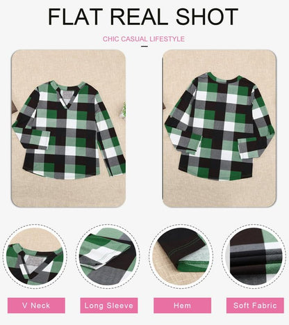 Dokotoo Womens Basic Casual V Neck Plaid Print Cuffed Long Sleeve Work Tops Blouses Shirts S-3XL