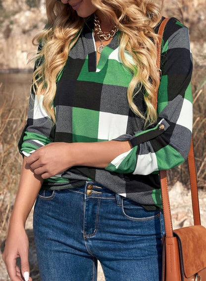 Dokotoo Womens Basic Casual V Neck Plaid Print Cuffed Long Sleeve Work Tops Blouses Shirts S-3XL